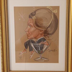 Rare Dick Briefer Caricature Drawing - Woman "Connie" Sitting in a Martini Glass
